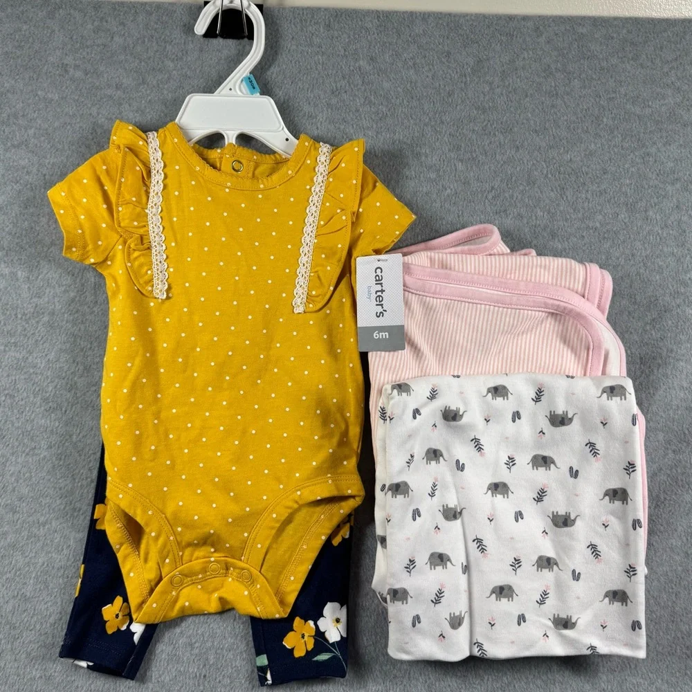 NWT Carter's Baby Girl's Bodysuit Yellow Polka Dot‎ Navy Floral Pants 6M Bundle